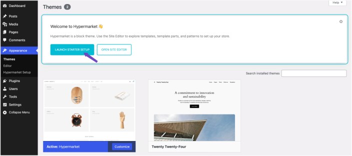 Hypermarket theme welcome notice in WordPress with Launch Starter Setup and Open Site Editor buttons