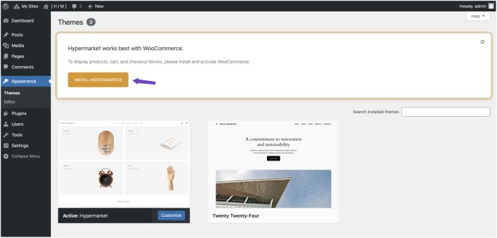 WordPress Themes screen showing Hypermarket with a WooCommerce install prompt