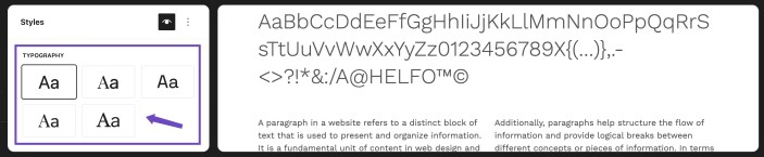 WordPress Site Editor showing Hypermarket typography variations for changing the store font pairing