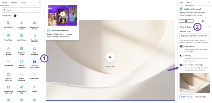 WordPress editor showing the Hypermarket YouTube Video Modal block with video URL, caption, autoplay, and custom cover image settings