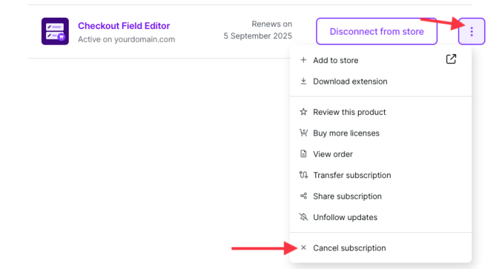 Screenshot: image indicating the meatball menu beside an extension. The menu is open and the Cancel Subscription option is visible.
