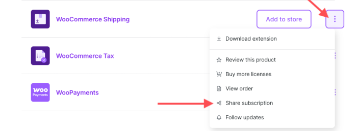 Screenshot: image indicating the meatball menu to the right of an extension on the My Subscriptions page on WooCommerce.com. The menu is open and the Share subscription option is indicated.
