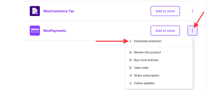 Screenshot: image indicating where on the WooCommerce.com My Subscriptions page to locate the option to download a subscription - click the meatball menu beside an extension.