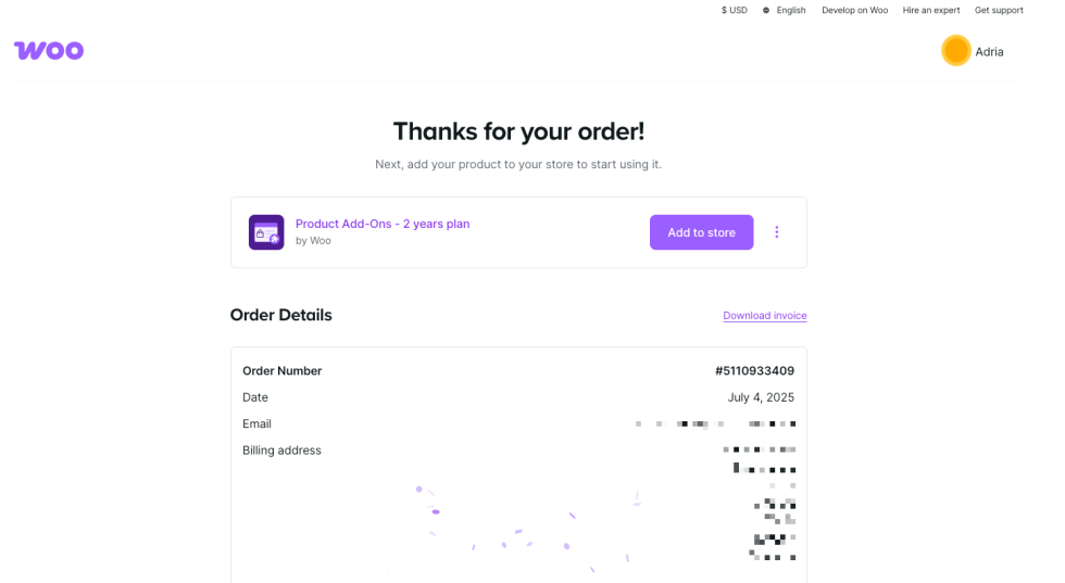 Screenshot: an example of a Thank you page showing the order confirmation for a purchase on WooCommerce.com. There is an 'Add to Store' button shown.
