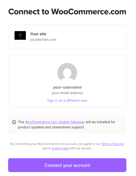image.png Screenshot: image showing the confirmation of which site and WooCommerce.com accounts are to be connected. It shows the domain of the site, and the WooCommerce.com username and email address. There is a 'Continue' button below.