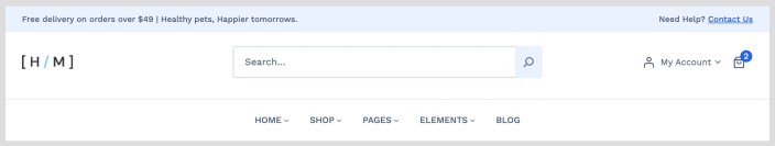 Hypermarket Minimal Utility Header with announcement bar, search, logo, account, mini cart, and navigation