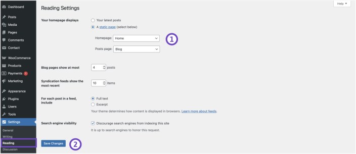 WordPress Reading Settings screen selecting a static homepage and blog page