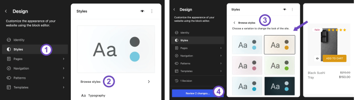 WordPress Site Editor steps for switching Hypermarket design styles and previewing the updated store appearance