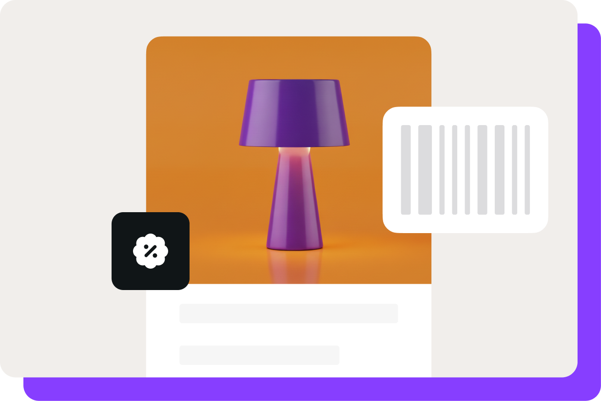 A product photo of a lamp with a bar code and an icon for a percentage discount