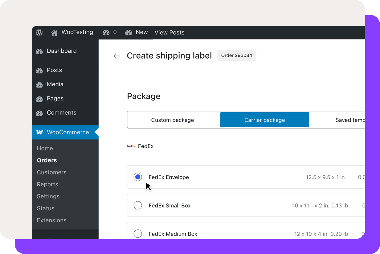 A Create Shipping Label screen from WooCommerce with FedEx options