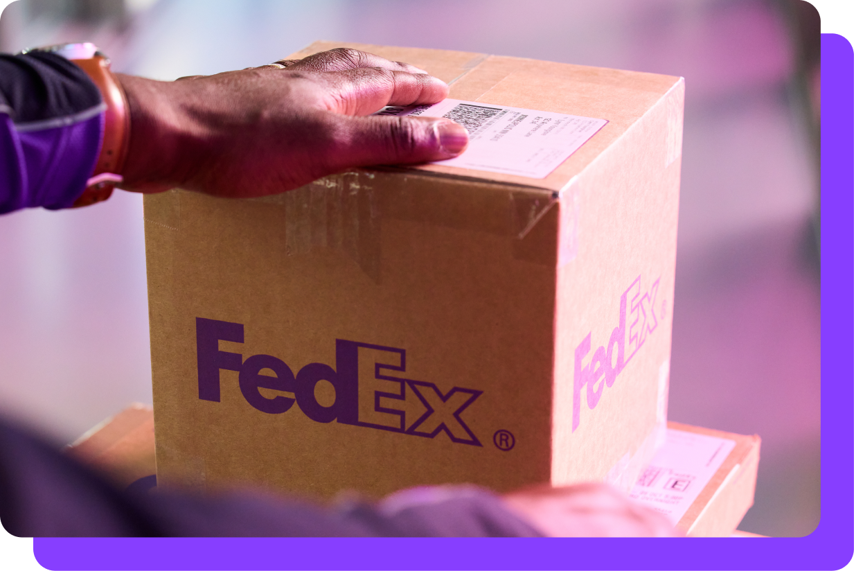 A FedEx box being delivered 