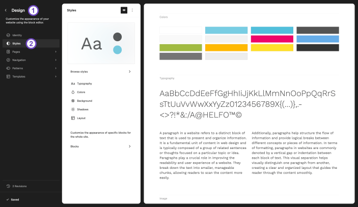 WordPress Site Editor showing the Styles panel with global colors and typography settings