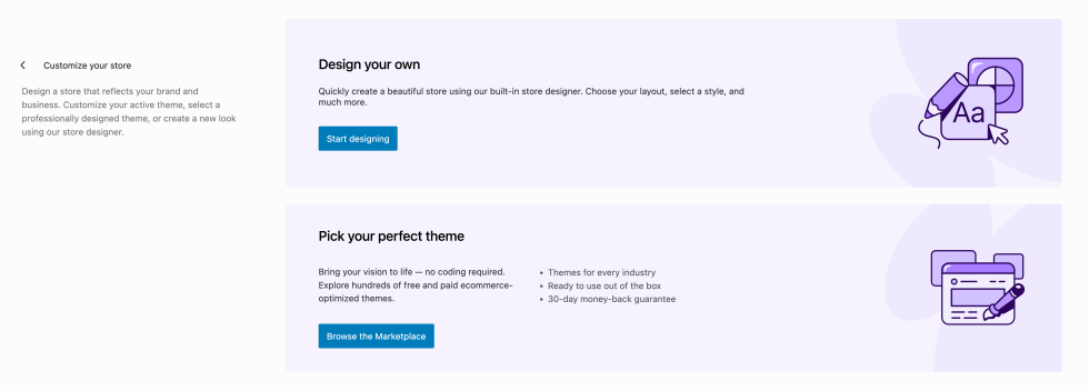 Customize your store task screen showing Design your own and Pick your perfect theme options.