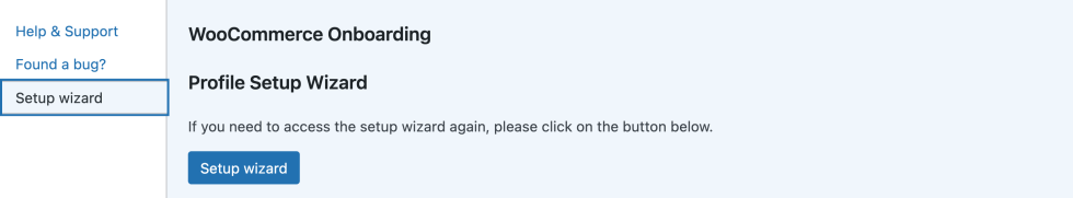 WooCommerce Status page Help panel with the Setup wizard tab selected.