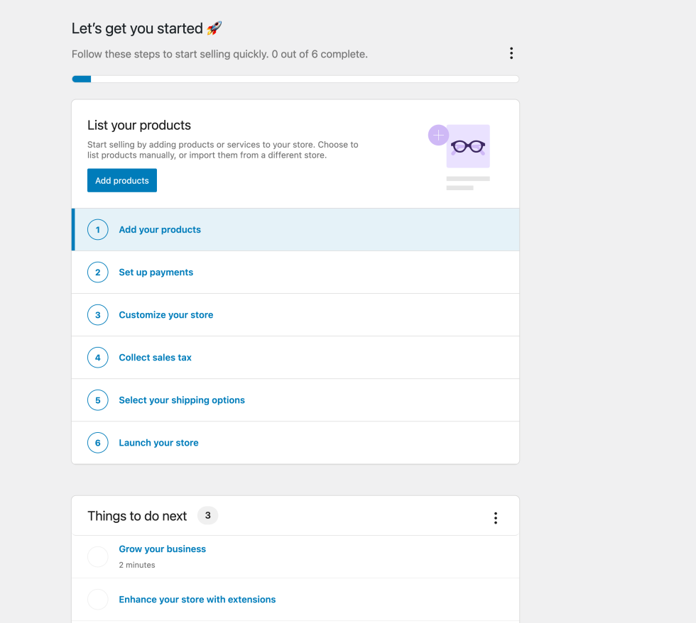 Store setup checklist showing Add your products, Set up payments, Customize your store, Collect sales tax, Select your shipping options, and Launch your store.