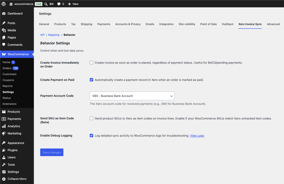 Option to Create Invoice Immediately on Order, Option to Create Payment on Paid, Payment Account Code Selection, Option to Send SKU as Item Code and Option to enable debug logging