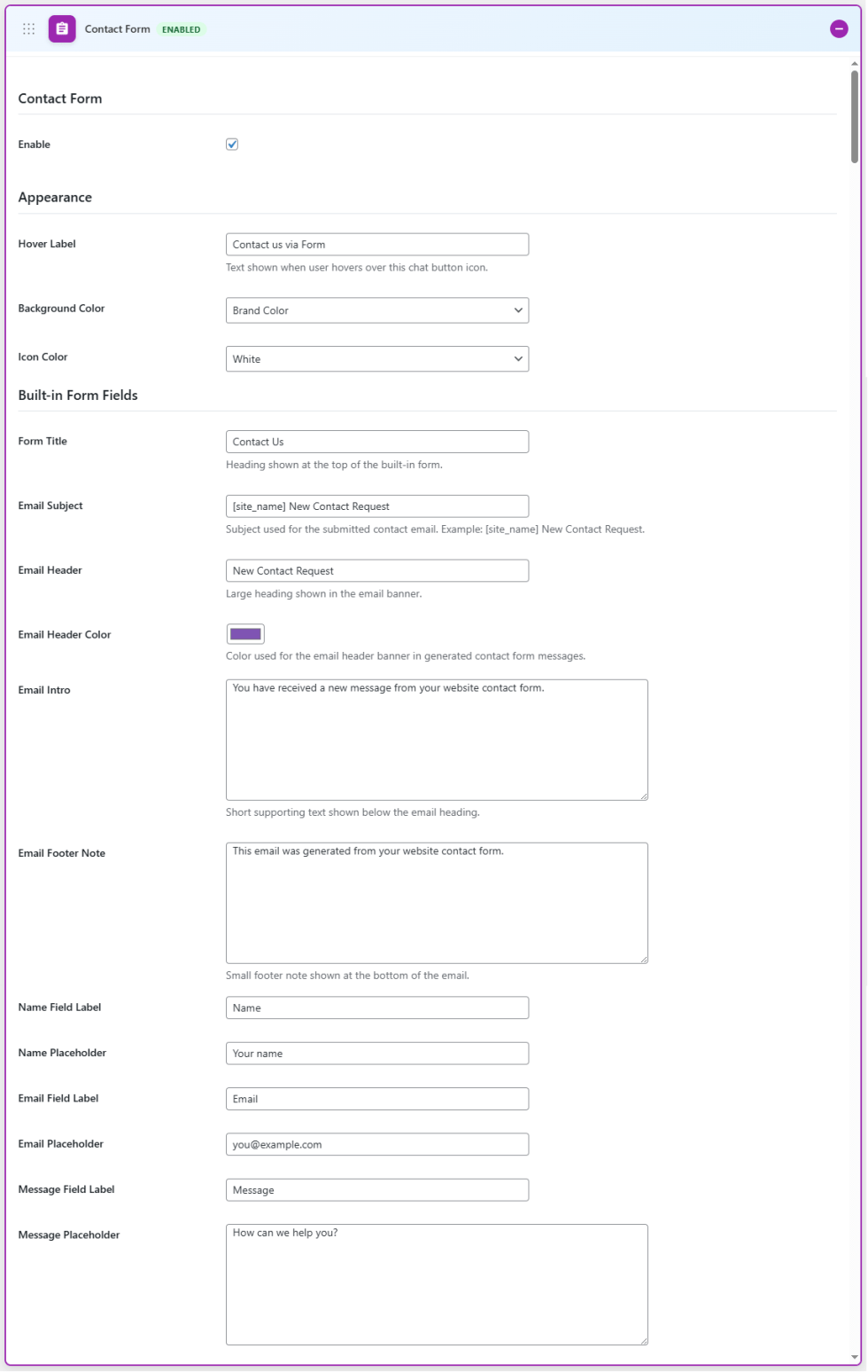 Contact Form Settings