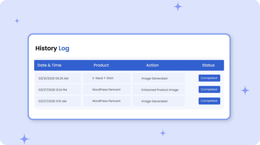 Activity log dashboard showing AI image enhancement history and actions