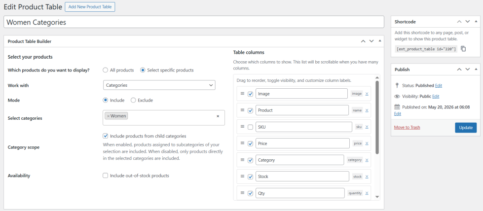 Product Table Builder