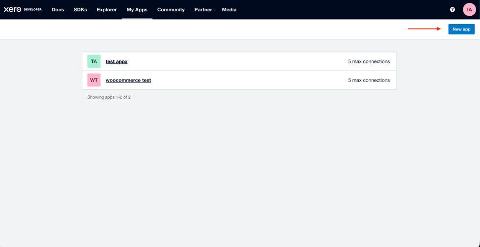 Xero Developer Portal app management page showing the New app button