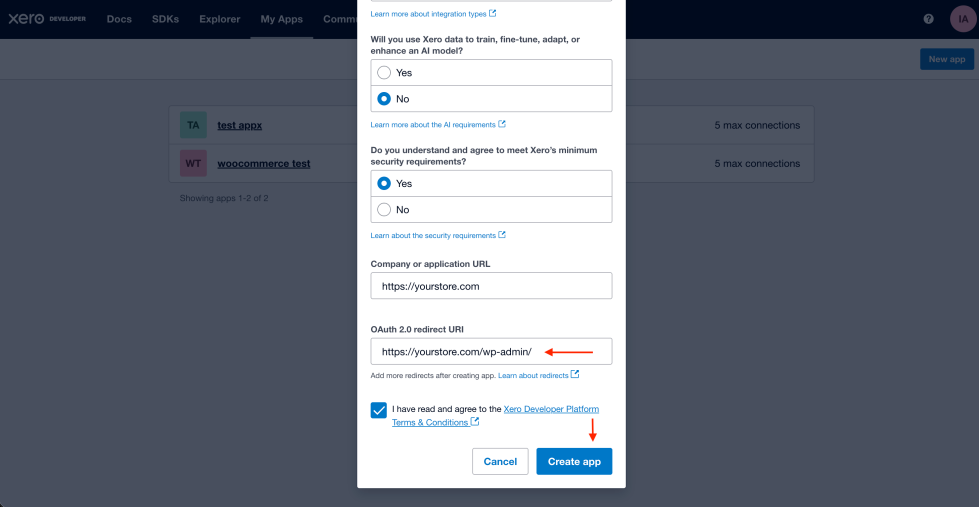 Xero new app registration form filled out with app name, Web app integration type, redirect URI, and both required checkboxes ticked