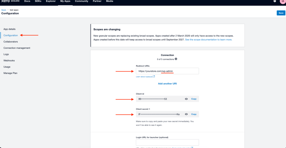 Xero app Configuration page showing the Client ID field and the Generate a secret button