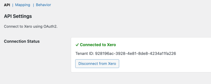 Invoice Sync for Xero plugin API settings tab showing a Connected to Xero status indicator and the Tenant ID field automatically populated