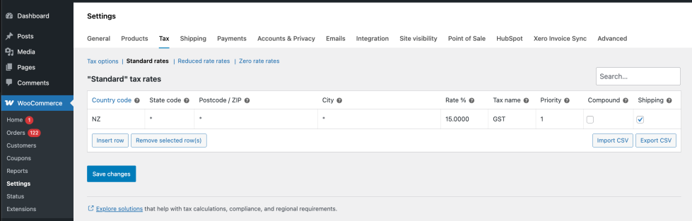 WooCommerce Settings Tax Standard Rates page showing a tax rate row added with country, rate, tax name, and shipping checkbox