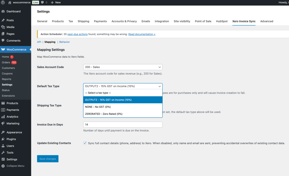 Invoice Sync for Xero Mapping tab showing the Default Tax Type dropdown open with Xero tax type options listed