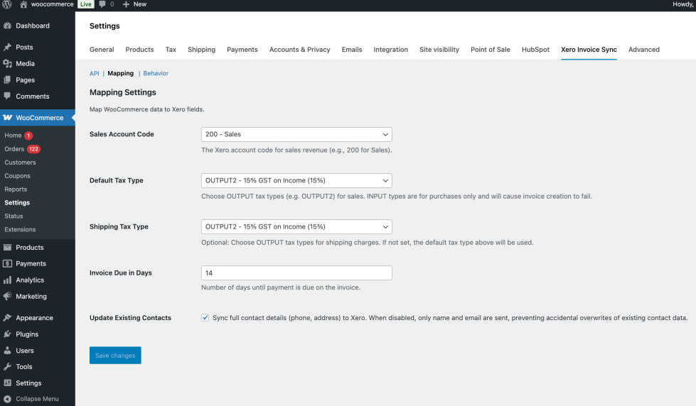 Invoice Sync for Xero Mapping tab with Sales Account Code, Default Tax Type, Invoice Due in Days, and Update Existing Contacts fields all configured