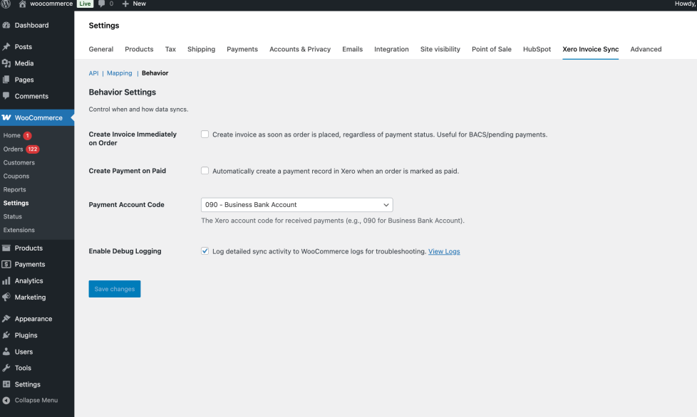 Invoice Sync for Xero Behavior tab showing the Create Invoice Immediately, Create Payment on Paid, Payment Account Code, and Enable Debug Logging settings