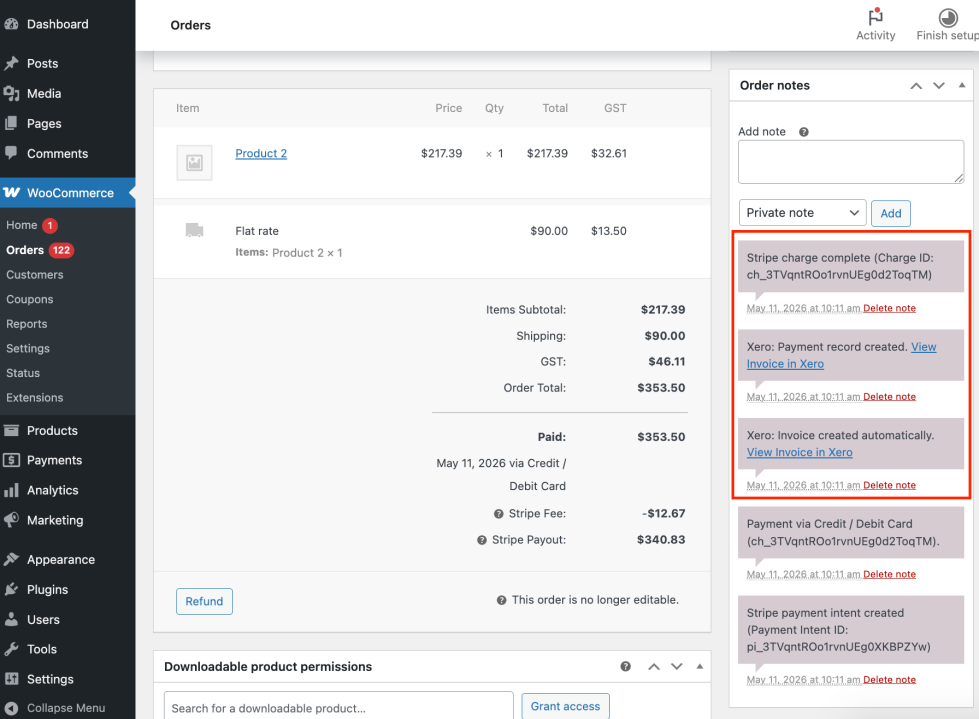 WooCommerce order notes section showing an automatically added note with a link to the created Xero invoice