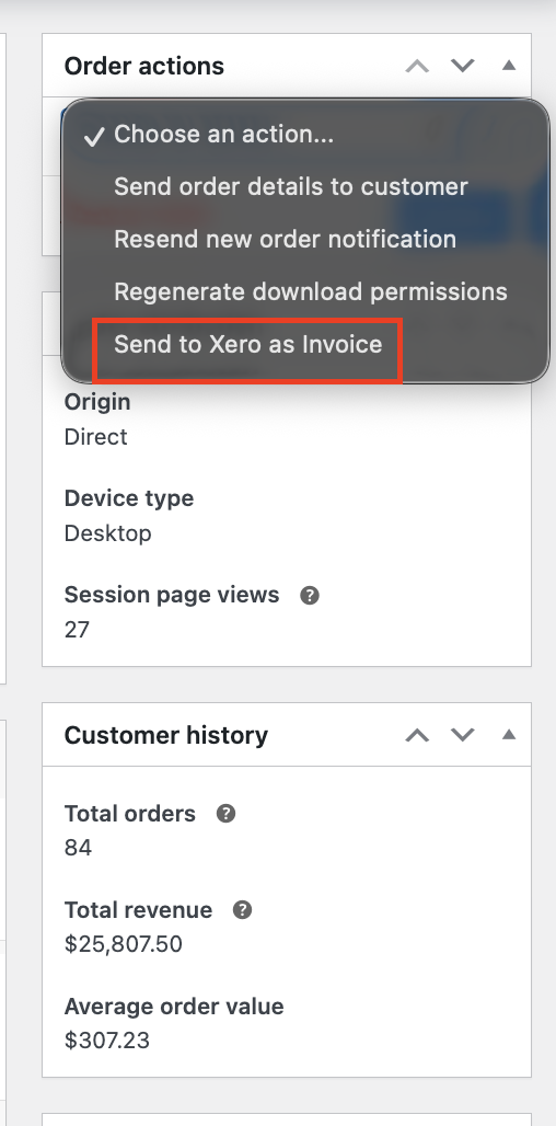 WooCommerce order edit screen showing the Order Actions dropdown with Send to Xero as Invoice selected