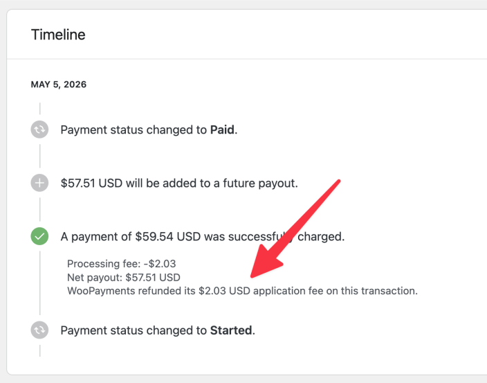 WooPayments fee refund line item in the order timeline for a non-card Amazon Pay transaction