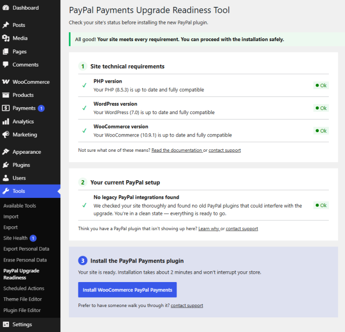 The PayPal Payments Upgrade Readiness Tool in the WordPress admin.