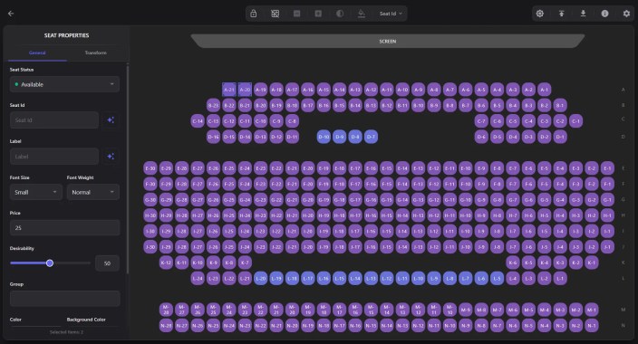 Seat Planner editor with seats on canvas