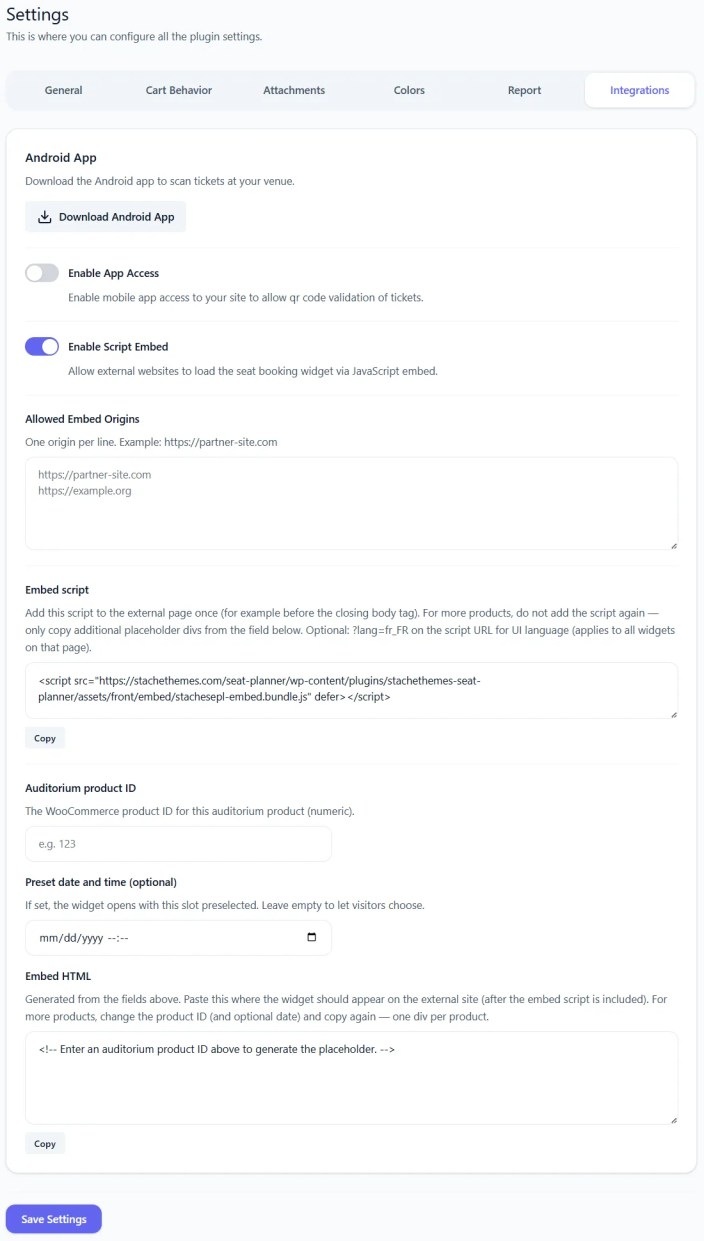 Settings Integrations Embed