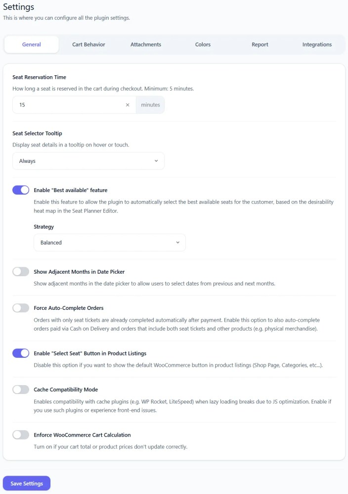 Settings general tab