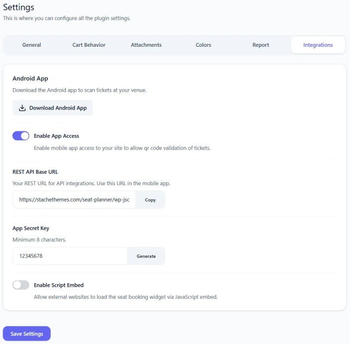 Settings Integrations tab