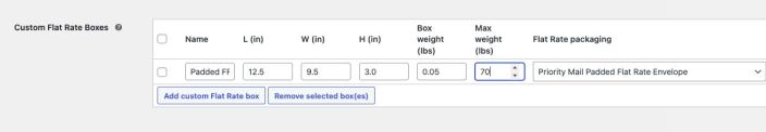 A Custom Flat Rate Boxes table row filled with adjusted dimensions for a padded Flat Rate envelope.