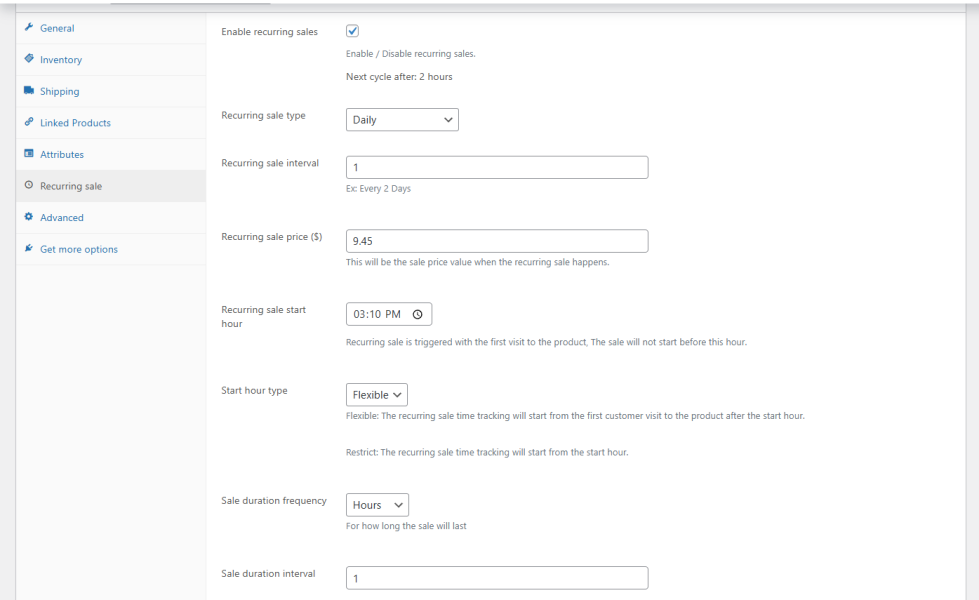 Settings panel when Every X Days is selected. Enter the number of days between each sale cycle.