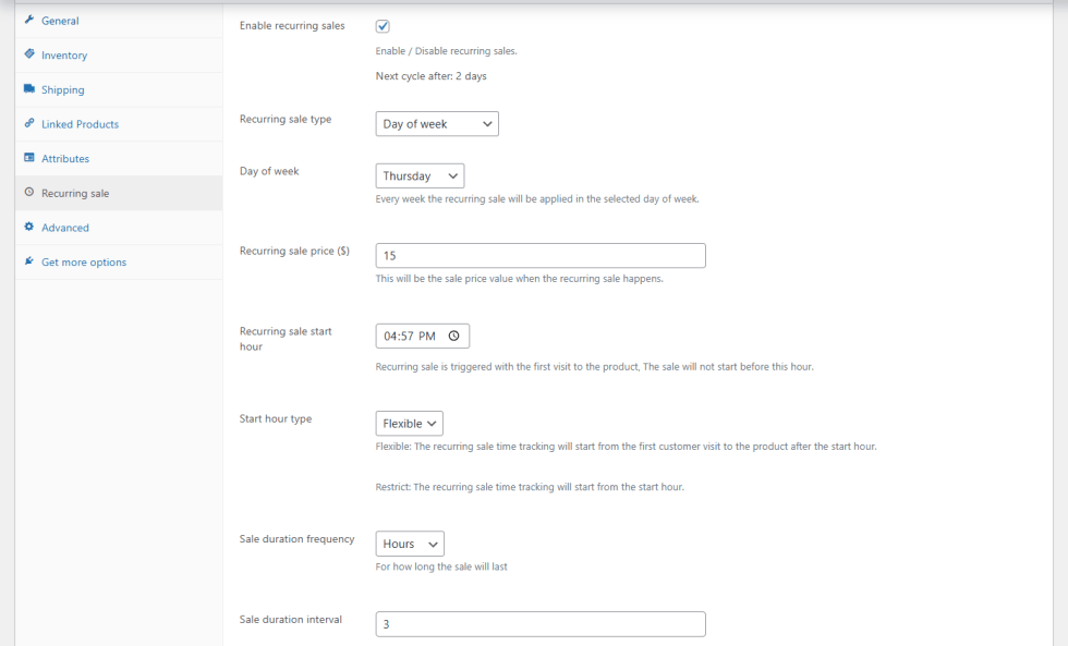 Settings panel when Day of the Week is selected. Choose which weekday the sale activates each week.