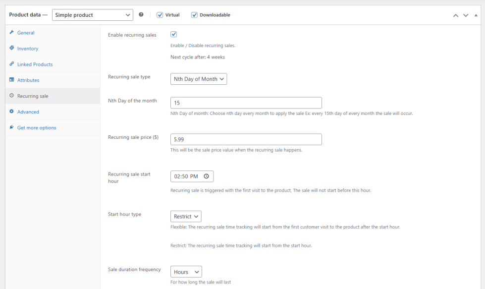 Settings panel when Nth Day of Month is selected. Choose the calendar day on which the sale activates every month.