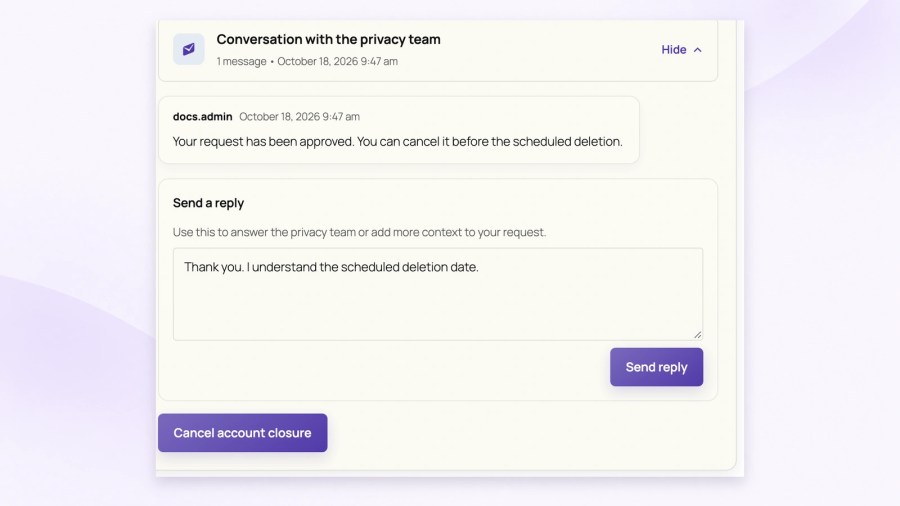 Customer account-closure conversation showing a staff approval message, an unsent reply in the Send a reply form and separate Send reply and Cancel account closure buttons.