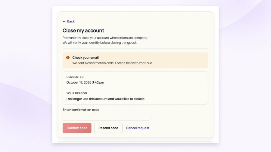 WooCommerce Close my account screen showing an emailed confirmation-code notice, the customer reason, a code field and Confirm code, Resend code and Cancel request controls.