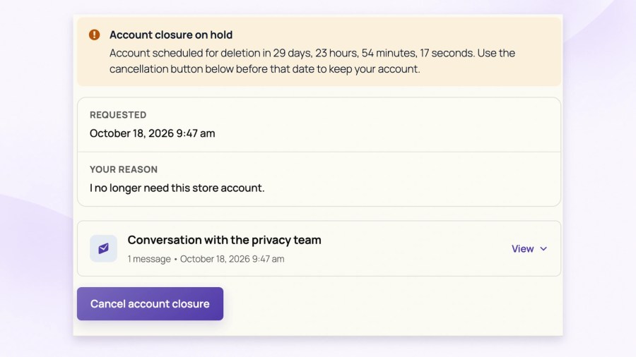 WooCommerce account-closure hold notice with a scheduled-deletion countdown, request details, a privacy-team conversation entry and a Cancel account closure button.