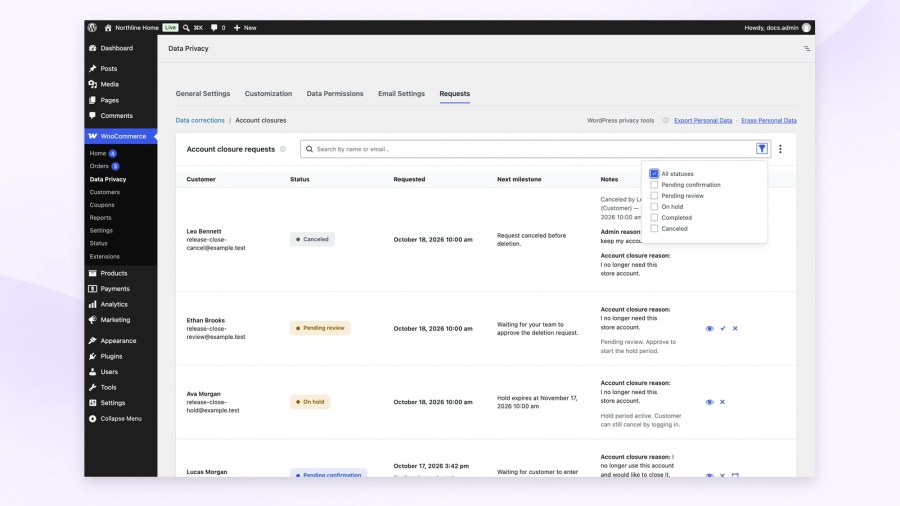 Account closure request queue with the status filter open, customer rows, pending review and on hold statuses, requested dates, next milestones and View details actions.