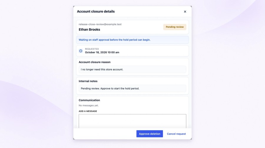 Staff account-closure inspector for Ethan Brooks showing Pending review, the customer reason, internal notes and enabled Approve deletion and Cancel request buttons.
