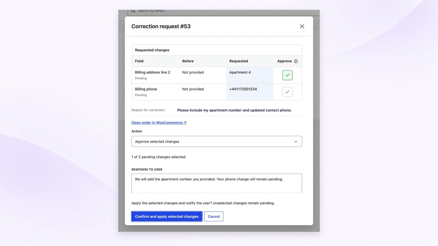 Staff order-correction dialog comparing current and requested values, with one field selected, an Approve selected changes action, a customer response and a final confirmation button.