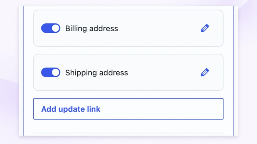 Customization controls showing enabled Billing address and Shipping address shortcuts with edit icons, followed by an Add update link button.